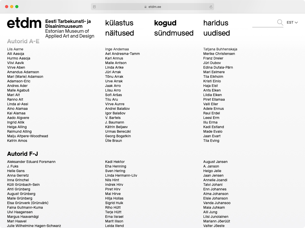 Screenshot of website for Estonian Museum of Applied Art and Design