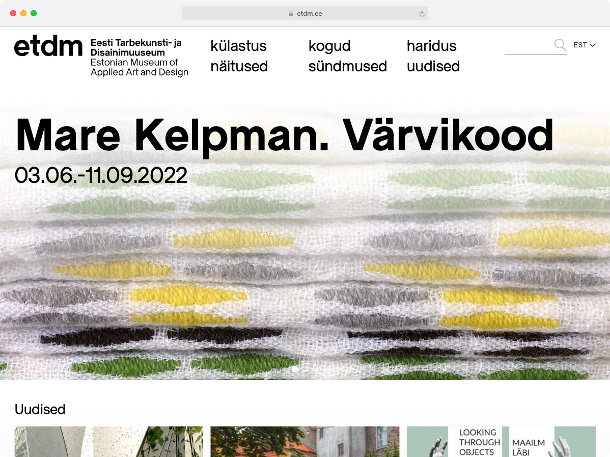 Screenshot of website for Estonian Museum of Applied Art and Design