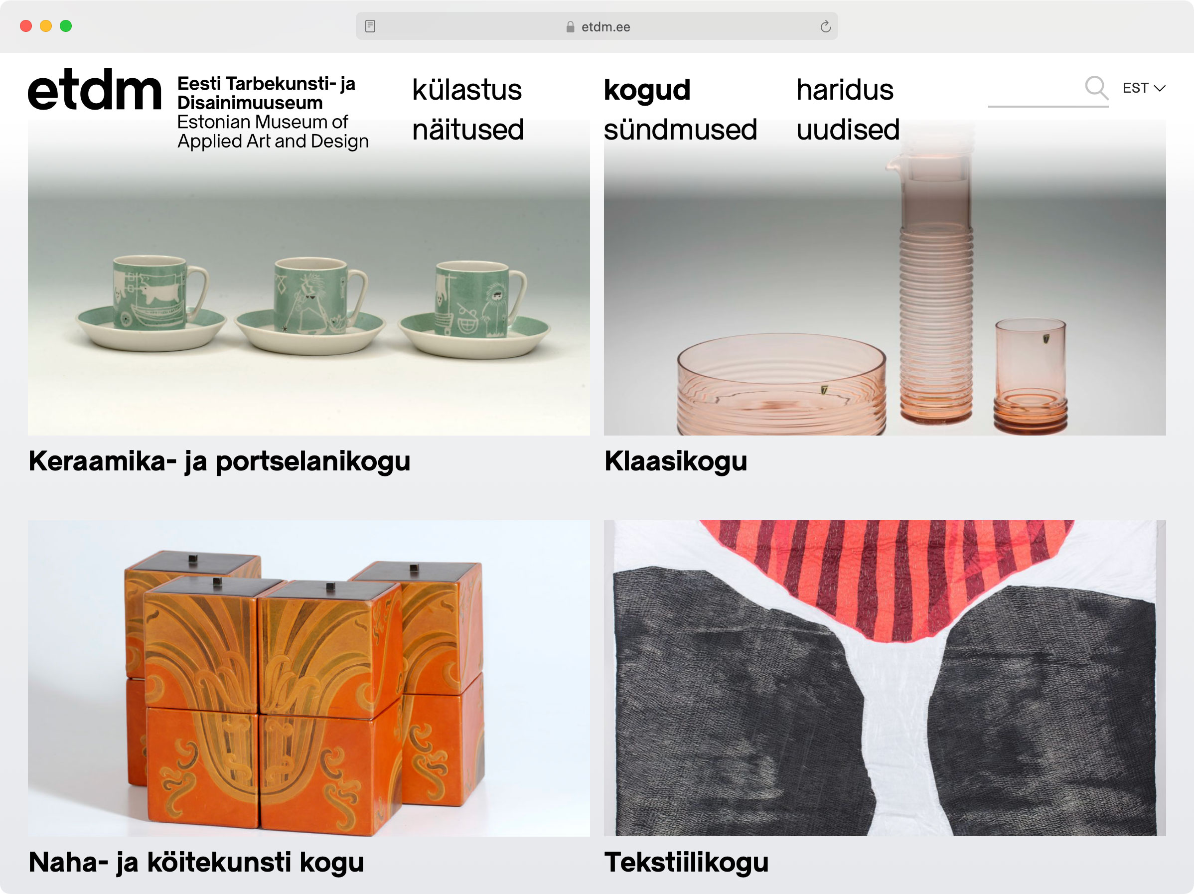 Screenshot of website for Estonian Museum of Applied Art and Design