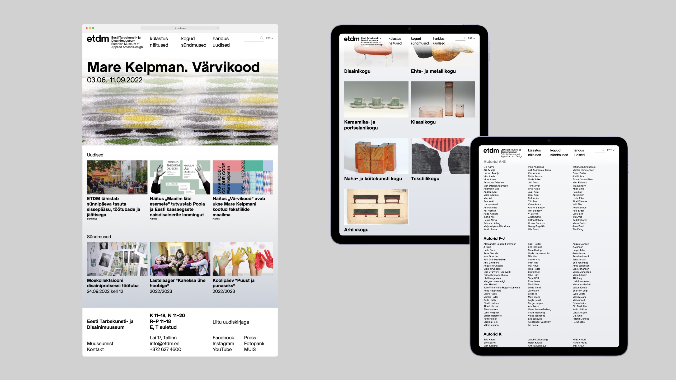 Screenshot of website for Estonian Museum of Applied Art and Design