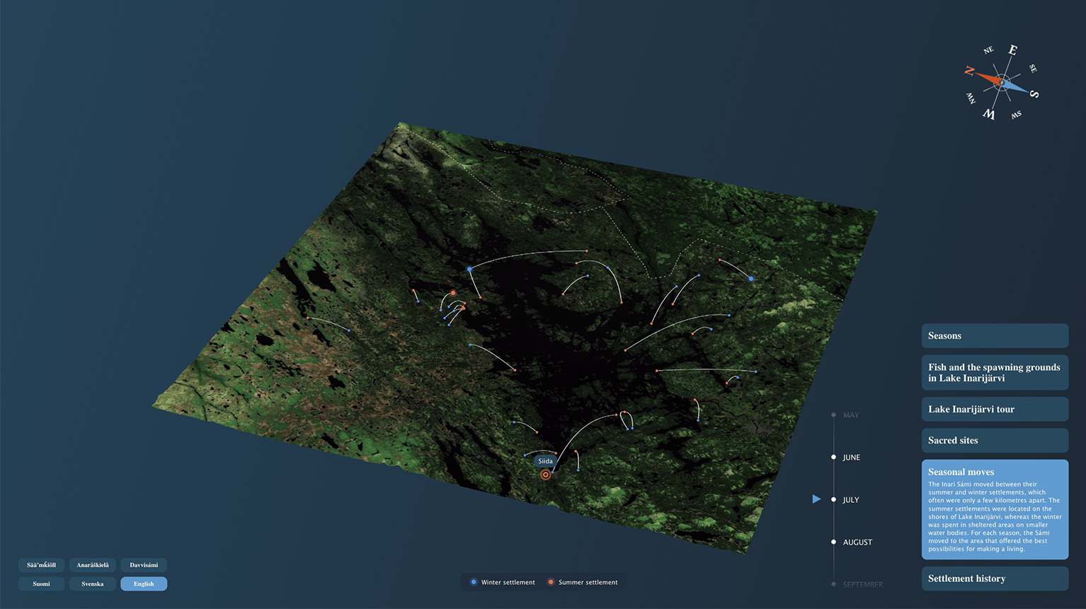 Seasonal moves layer view of the interactive map screen in Siida museum