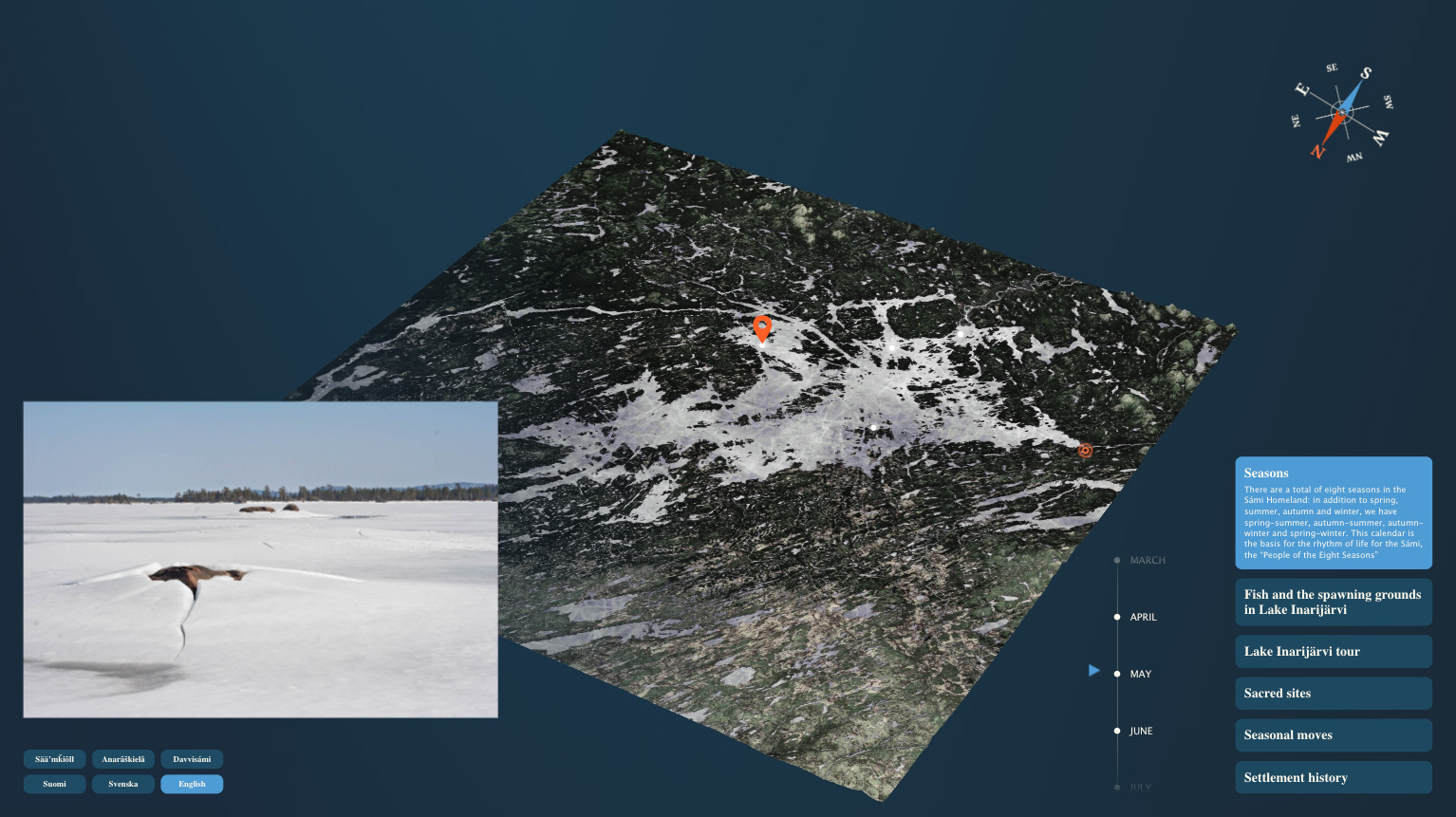 Seasons layer view of the interactive map screen in Siida museum