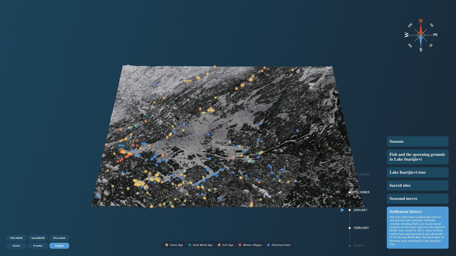 Settlement history layer view of the interactive map screen in Siida museum
