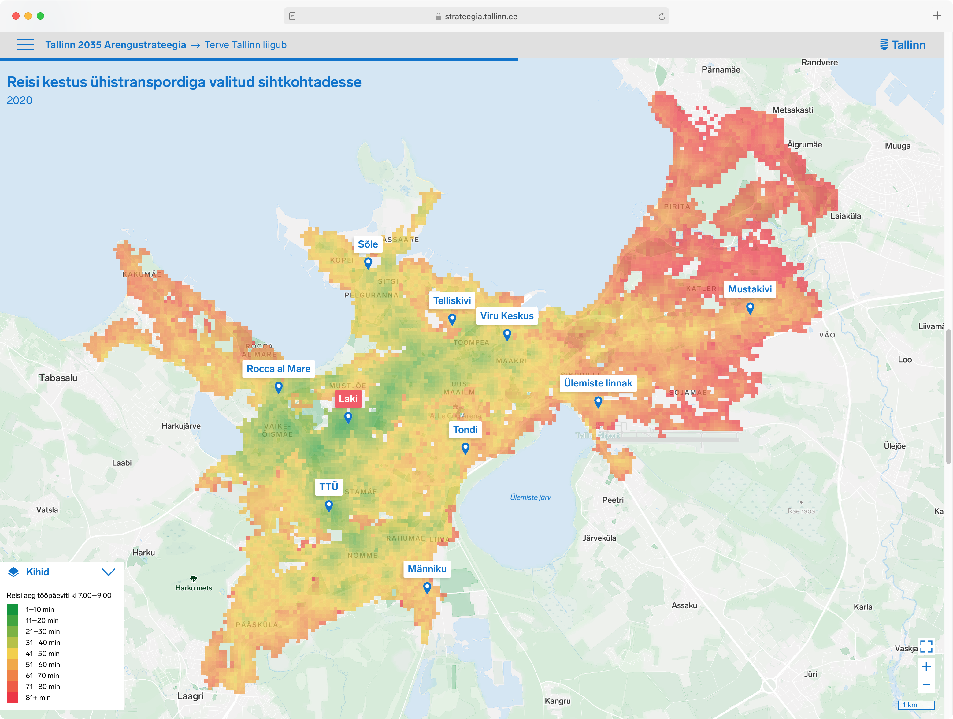 Map of Journey time by public transport to selected destinations